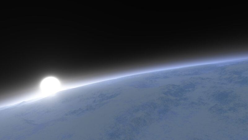 Sunrise over a snowy planet