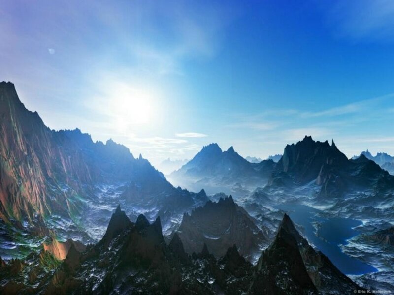 Sunrise over alien mountains