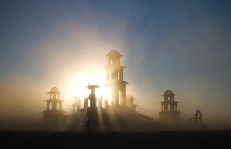 Sunrise over art installations