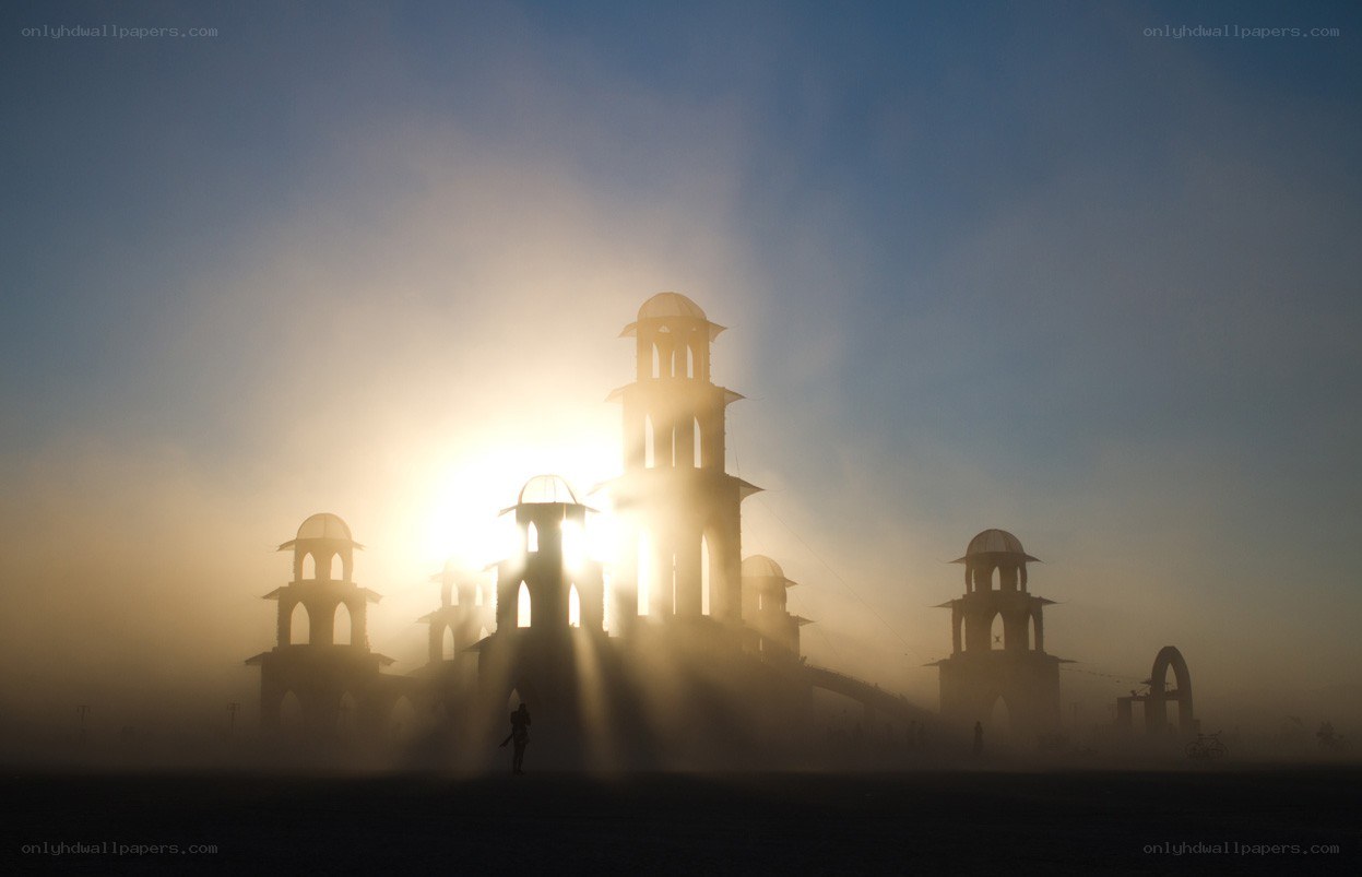 Sunrise over art installations