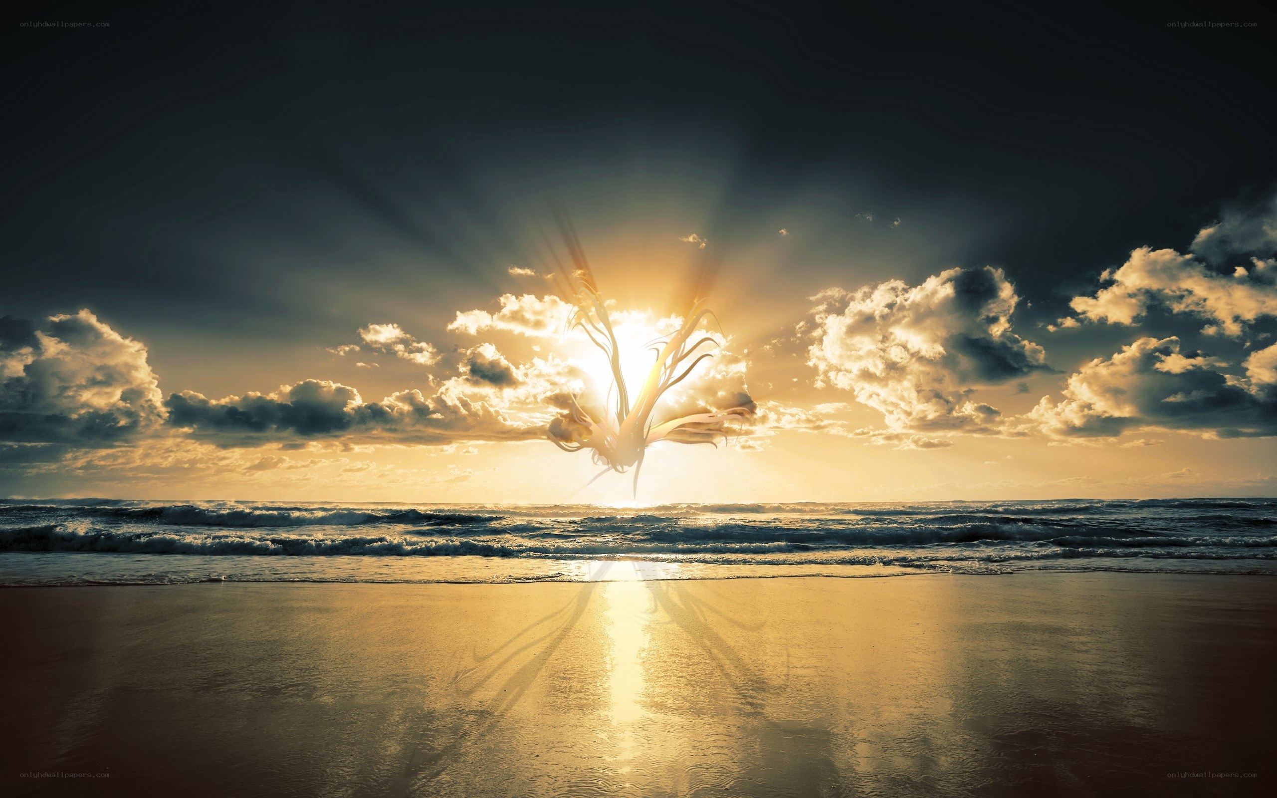 Sunrise over beach with glowing figure