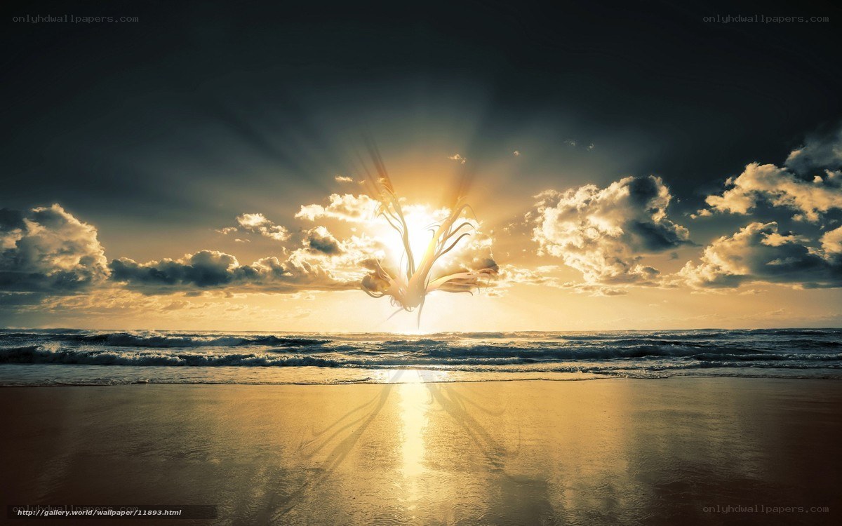 Sunrise over beach with glowing figure