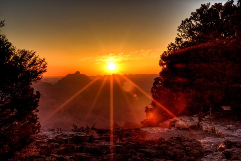 Sunrise over Canyon — Orange, Dramatic, Photograph, Trees