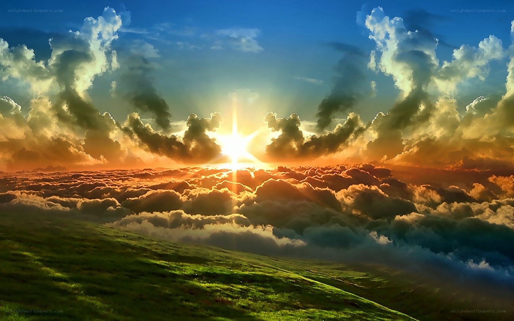 Sunrise over cloud-covered hills