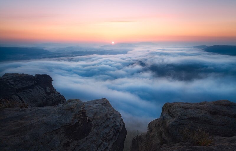 Sunrise over Cloud Sea — Blue, Serene, Photograph