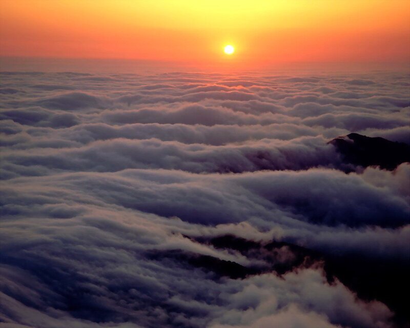 Sunrise over Cloud Sea — Orange, Serene, Photograph, Sun, Clouds, Mountain, Yellow, Purple