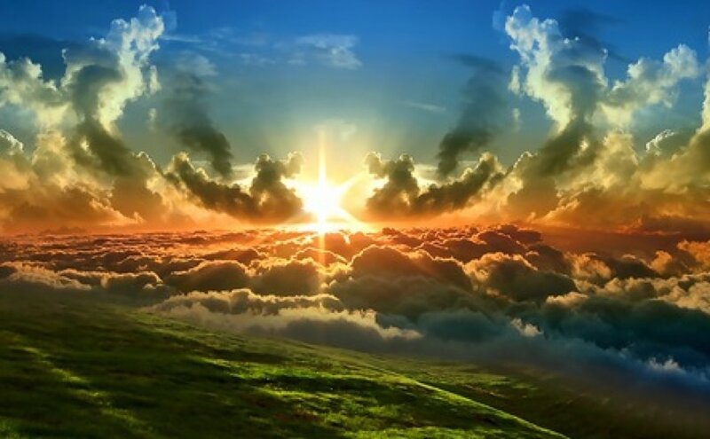 Sunrise over Clouds — Blue, Dramatic, Digital Art, Sky, Grass, Orange, Green