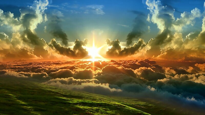 Sunrise over Clouds — Blue, Dramatic, Digital Art, Sky, Grass
