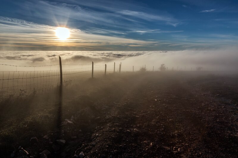 Sunrise over Clouds — Blue, Serene, Photograph, Fence