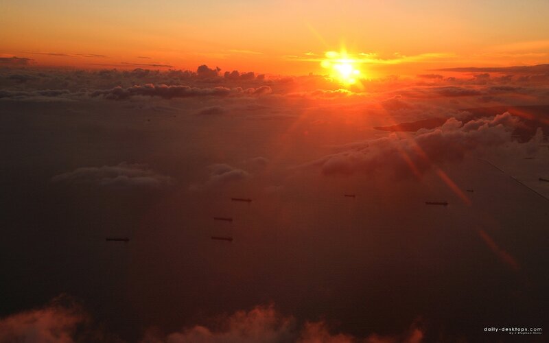 Sunrise over Clouds — Orange, Dramatic, Photograph, Ships