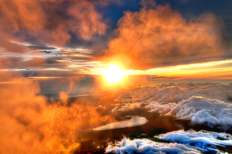 Sunrise over Clouds — Orange, Dramatic, Photograph, Sun, Lake, Yellow