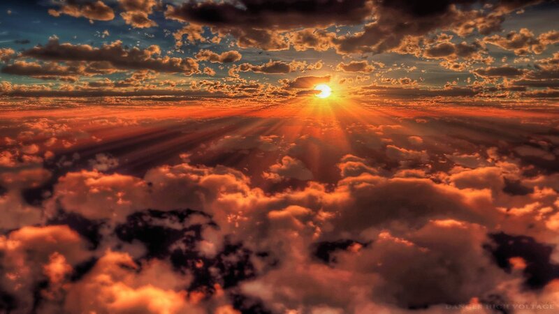 Sunrise over Clouds — Orange, Dramatic, Photograph, Sun, Sky, Red, Blue