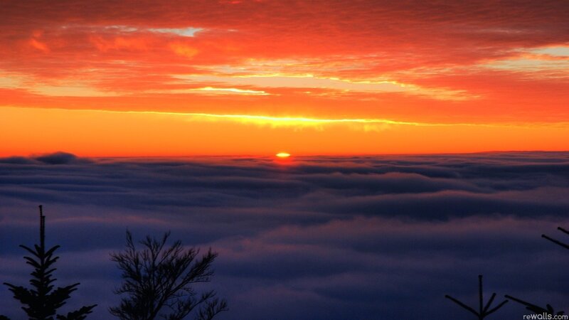 Sunrise over Clouds — Orange, Dramatic, Photograph, Trees, Sky, Red, Blue