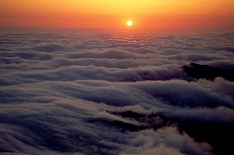 Sunrise over Clouds — Orange, Serene, Photograph, Sun, Mountain