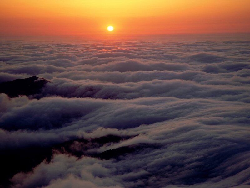 Sunrise over Clouds — Orange, Serene, Photograph, Sun, Mountain, White
