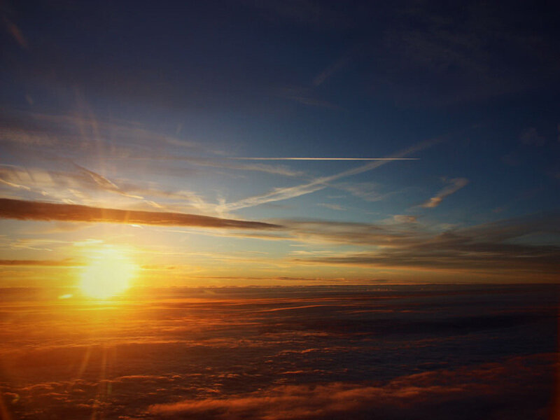 Sunrise over Clouds — Orange, Serene, Photograph, Sun, Sky, Yellow, Blue