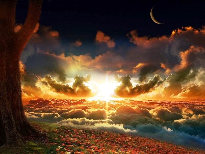 Sunrise over clouds with moon