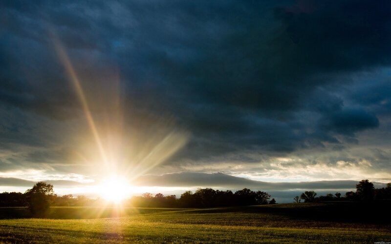 Sunrise over Field — Green, Dramatic, Photograph, Clouds