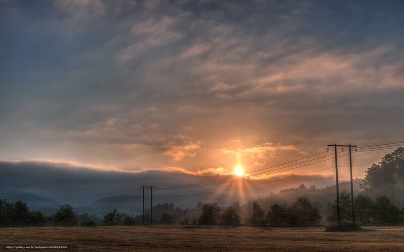 Sunrise over Field — Orange, Serene, Photograph, Power Lines