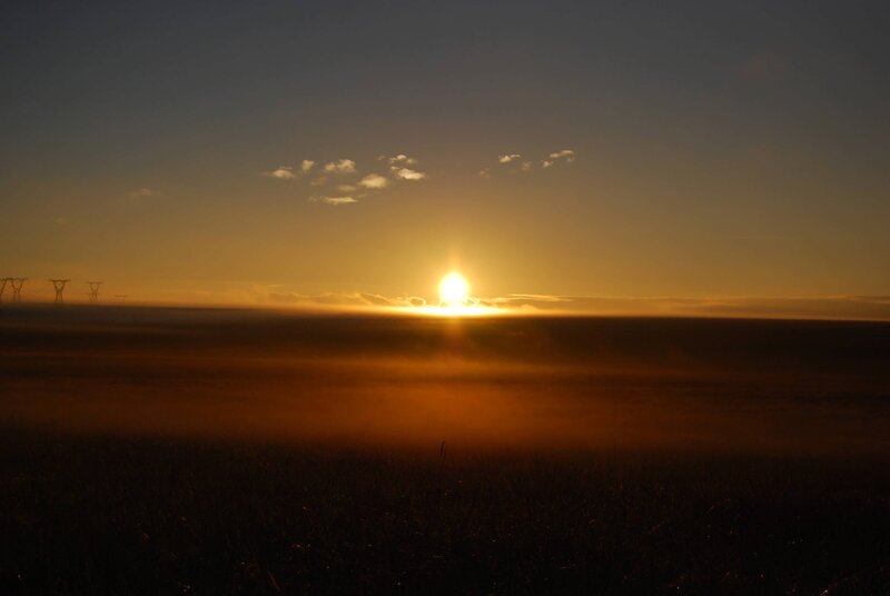 Sunrise over Field — Orange, Serene, Photograph, Sun, Clouds