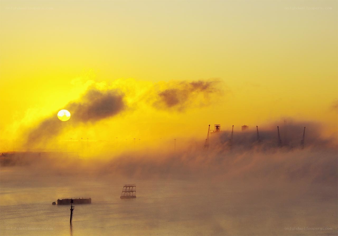 Sunrise over foggy harbor