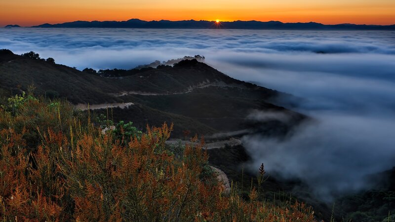Sunrise over Foggy Hills — Orange, Serene, Photograph, Mountains