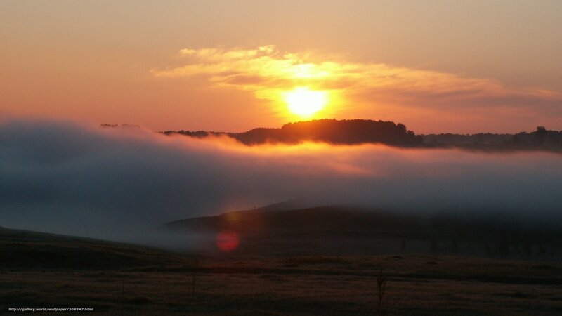 Sunrise over Foggy Hills — Orange, Serene, Photograph, Sun