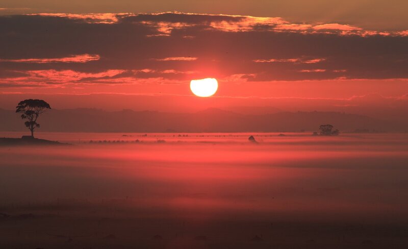 Sunrise over Foggy Landscape — Red