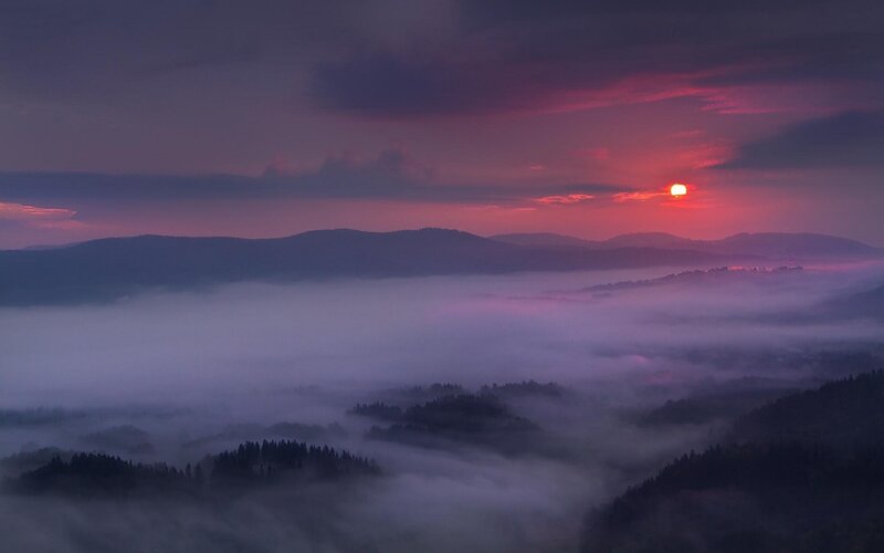 Sunrise over Foggy Mountains — Purple
