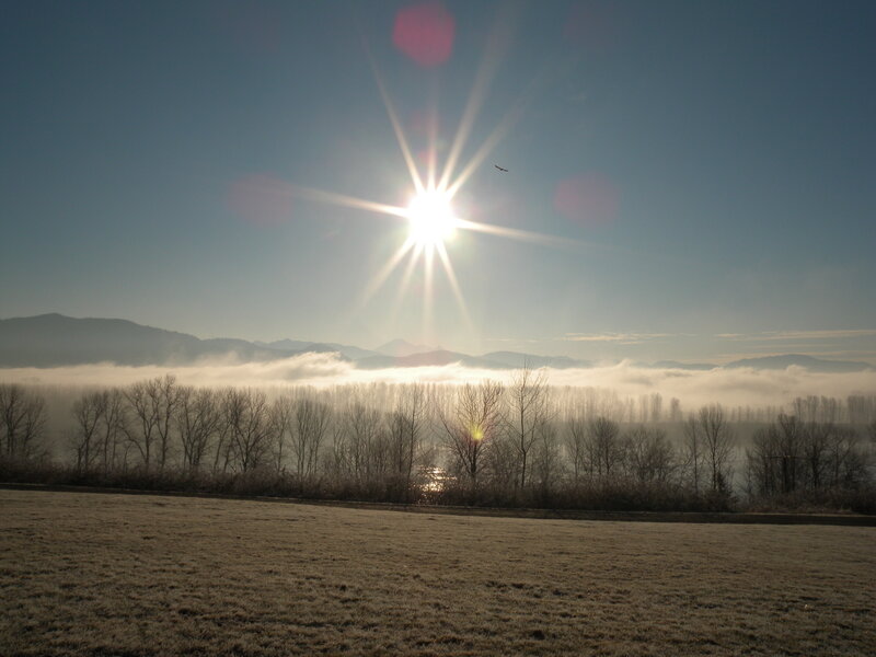 Sunrise over foggy river valley