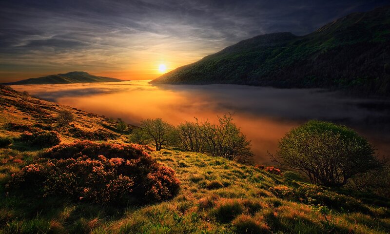 Sunrise over Foggy Valley — Orange, Serene, Photograph