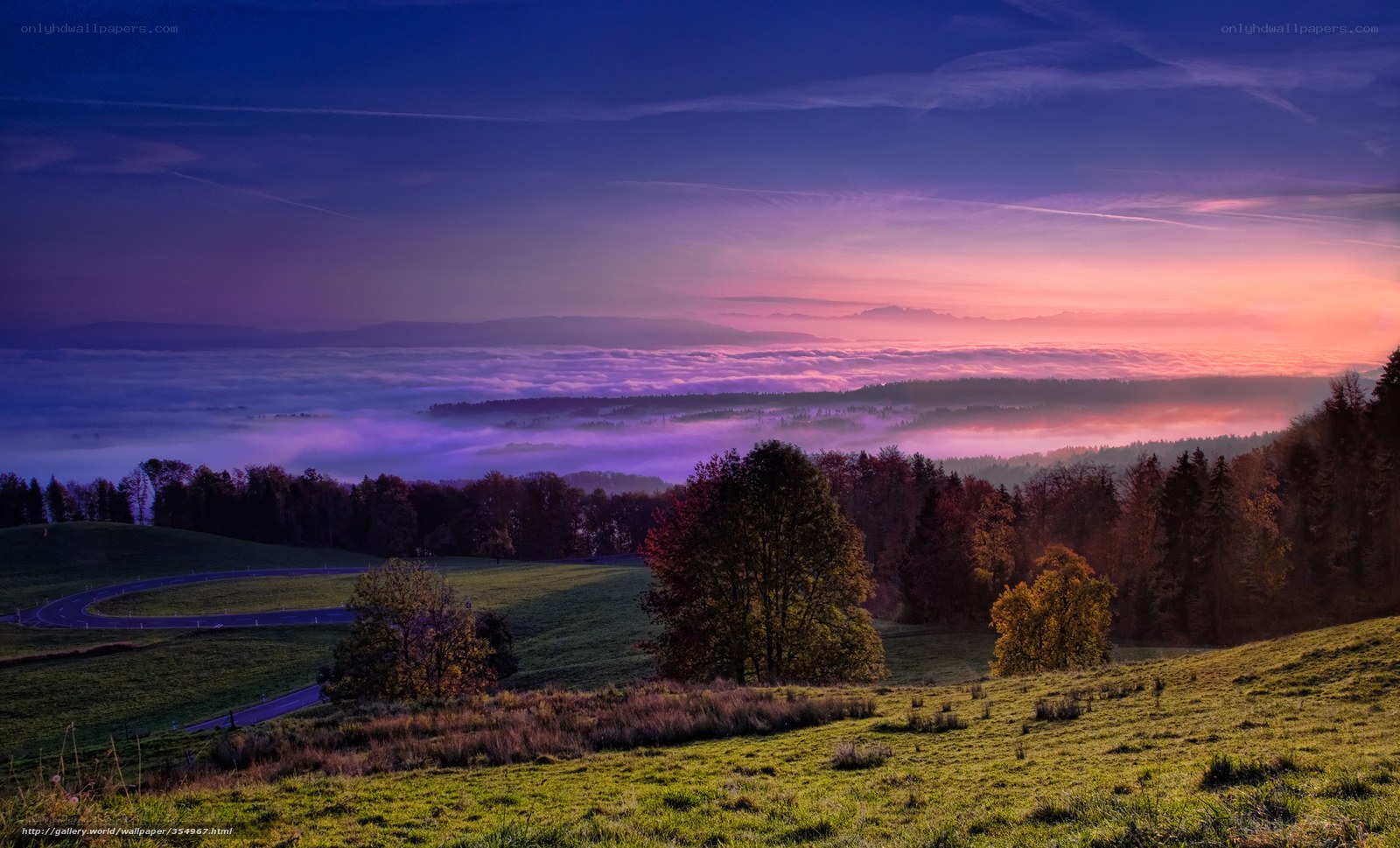 Sunrise over foggy valley