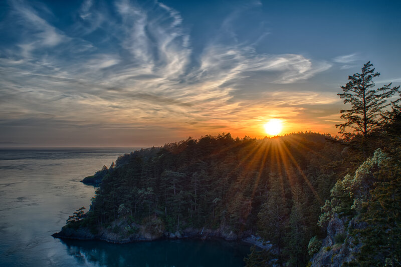 Sunrise over Forested Coast