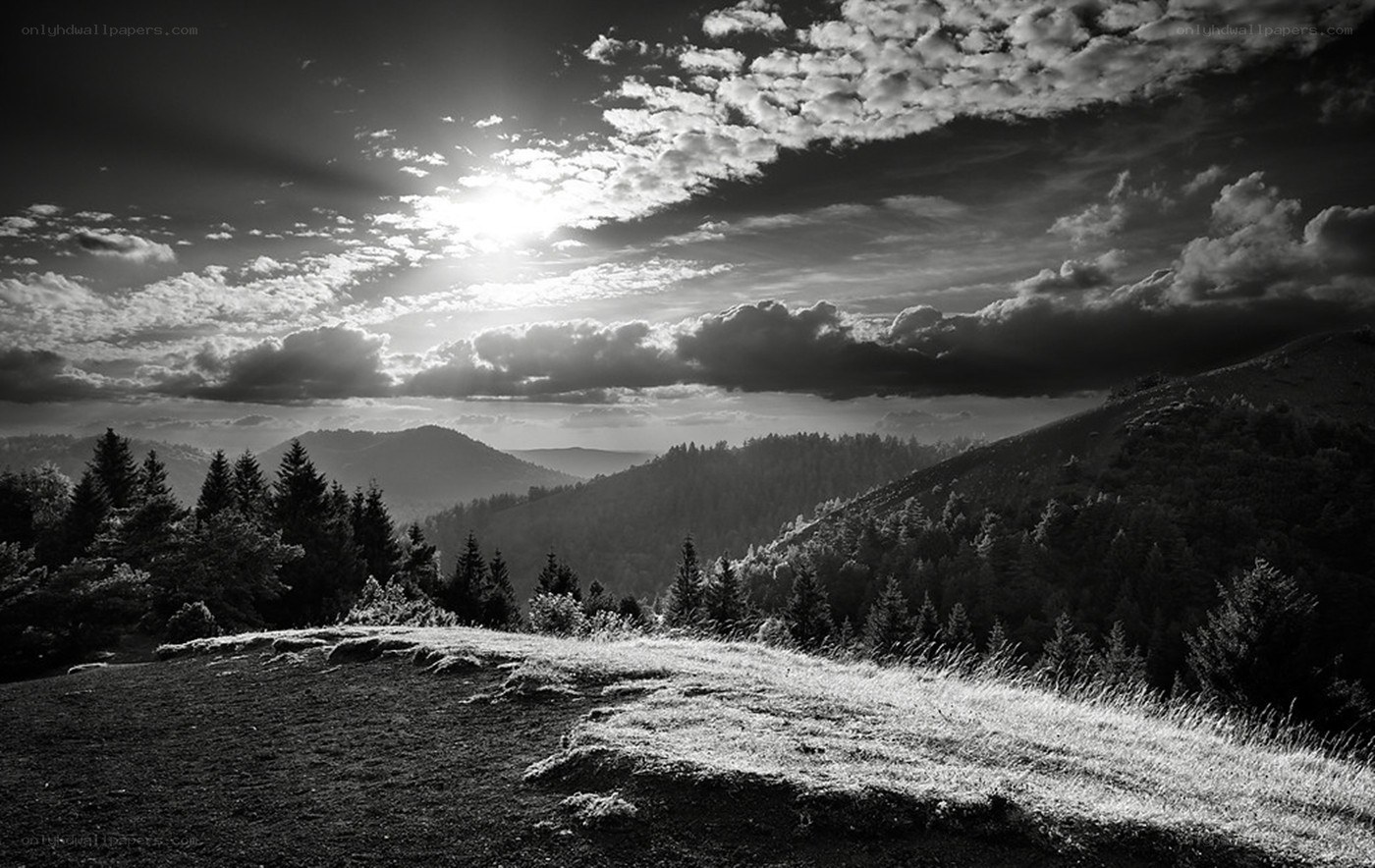 Sunrise over forested hills