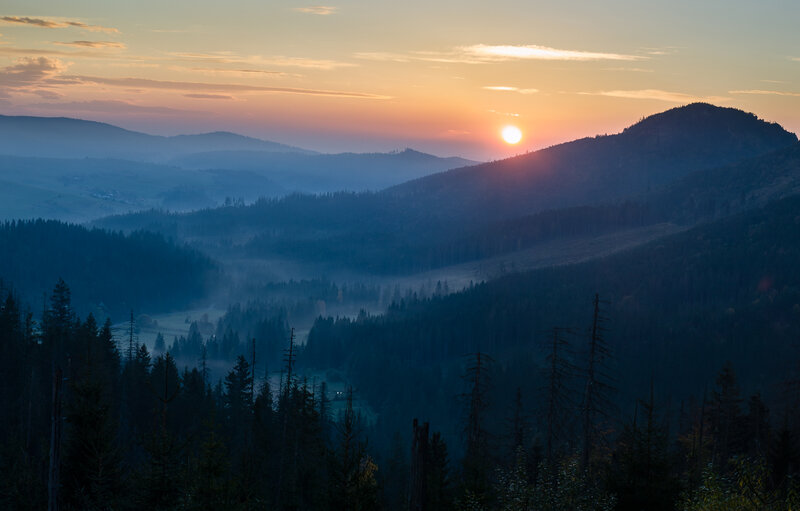 Sunrise over Forested Mountains — Blue