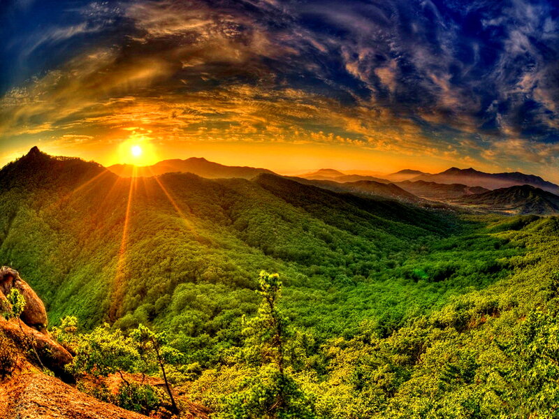 Sunrise over Forested Mountains — Green