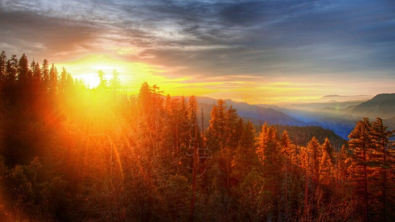 Sunrise over Forested Mountains — Orange, Dramatic