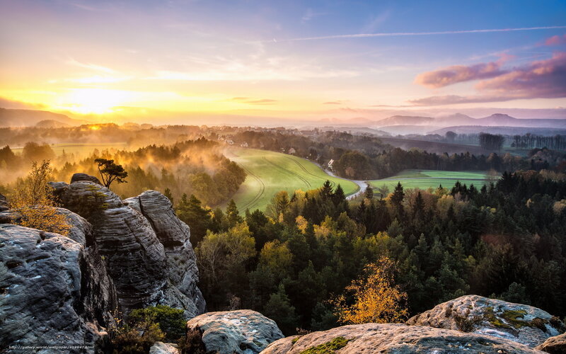 Sunrise over forested valley