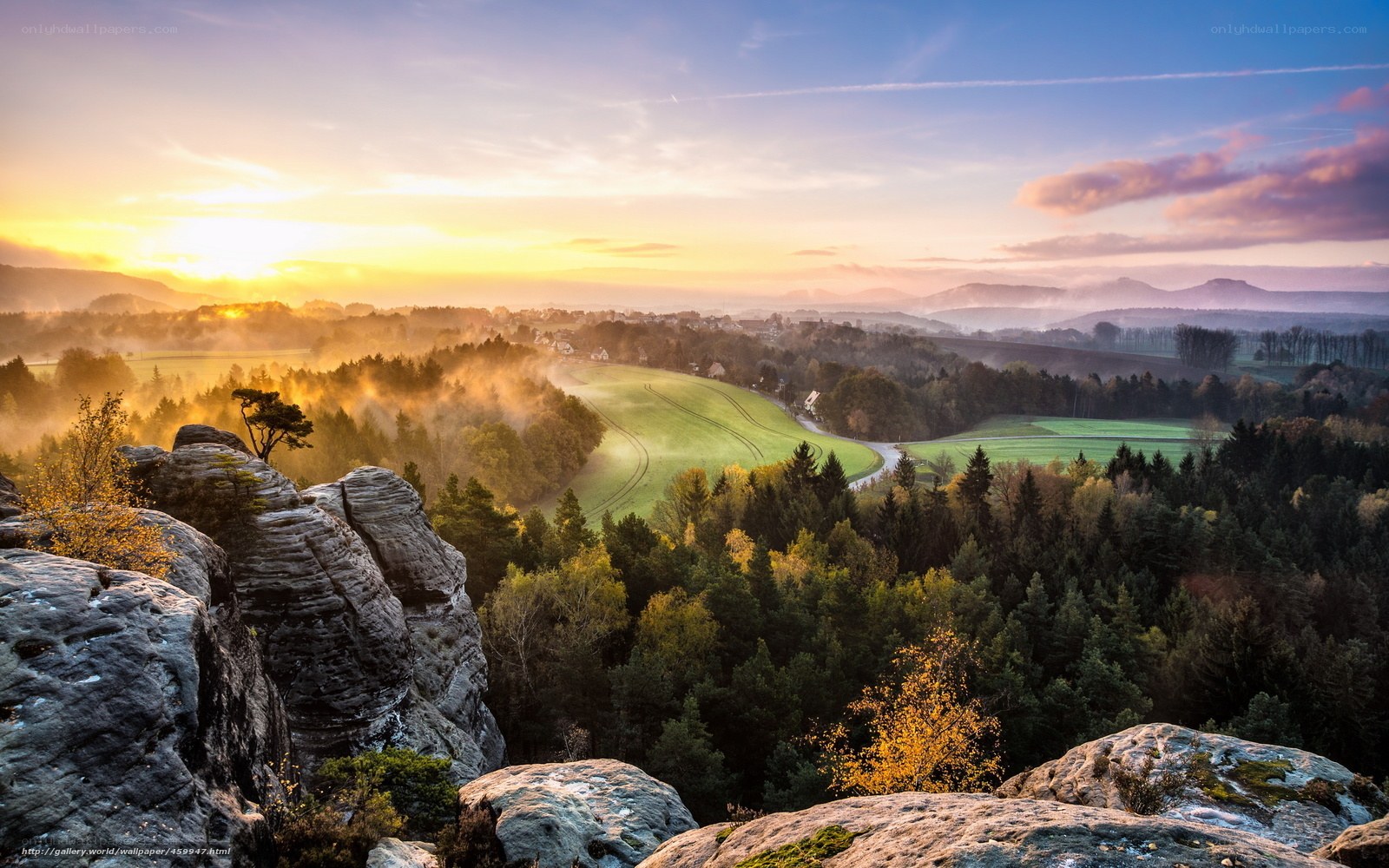 Sunrise over forested valley