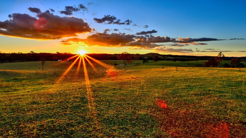 Sunrise over Grassy Field — Blue, Dramatic, Photograph