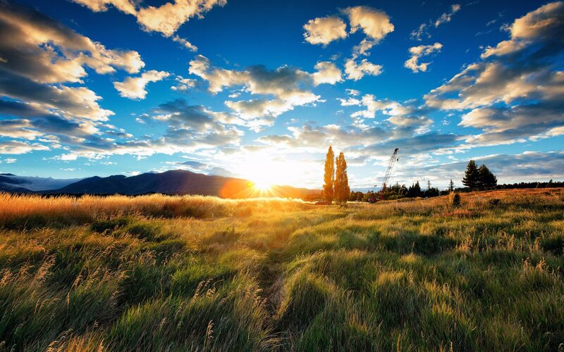 Sunrise over Grassy Field — Blue, Serene, Photograph