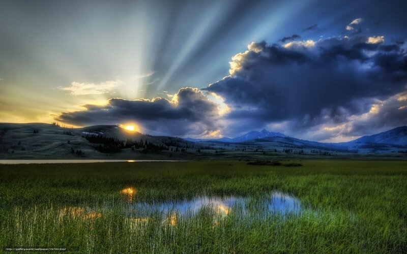 Sunrise over Grassy Field — Green, Dramatic, Photograph