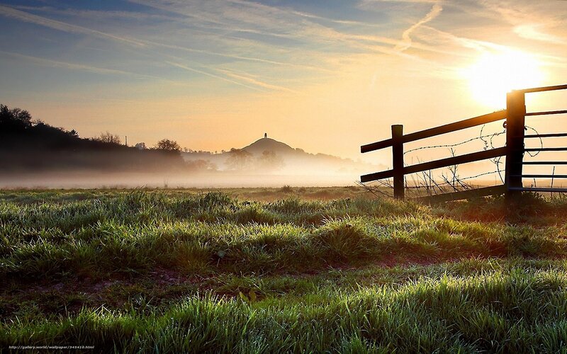Sunrise over Grassy Field — Green, Serene, Photograph, Fence