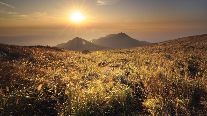 Sunrise over Grassy Hills — Gold, Serene, Photograph, Mountains, Grass, Sky