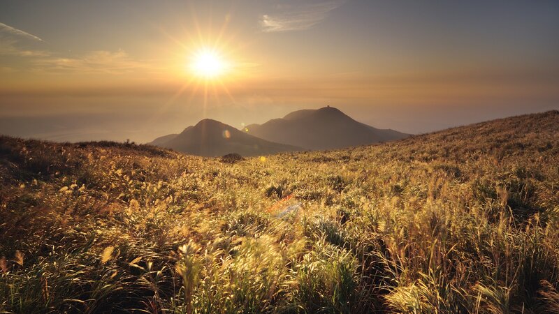 Sunrise over Grassy Hills — Gold, Serene, Photograph, Mountains, Sky
