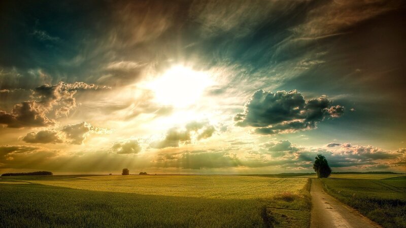 Sunrise over Green Field — Dramatic, Photograph, Clouds, Path