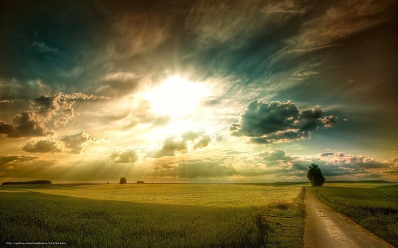 Sunrise over Green Field — Dramatic, Photograph, Path, Clouds