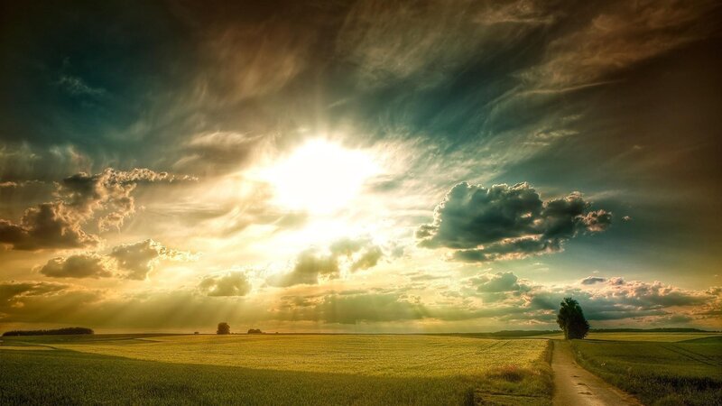 Sunrise over Green Field — Dramatic, Photograph, Path