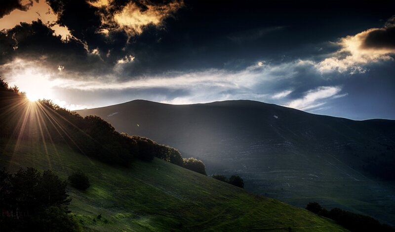 Sunrise over Green Hills — Dramatic, Photograph, Mountains, Clouds