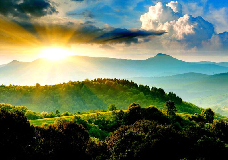 Sunrise over Green Hills — Dramatic, Photograph, Mountains
